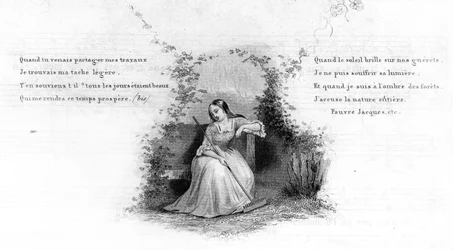 Armer Jacques. Mädchen sitzt allein auf einer Bank und hält einen Rechen. Gravur in „Chants et chansons populaire de la France“, Band 2