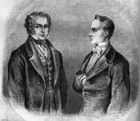 Porträt von Charles Nodier (1780-1844) und Prosper Merimee (1803-1870), französische Schriftsteller. Gravur von 1866-1867.