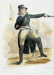 Porträt von Henri du Vergier, Graf von La Rochejaquelein (oder Orchard de La Rochejacquelein) (1772-1794) mit der Flagge „vive le roi“ (auf der Brust das Abzeichen der Vendeens) - in „Le Plutarque Français“ von Mennechet, Bd. 8, 1841