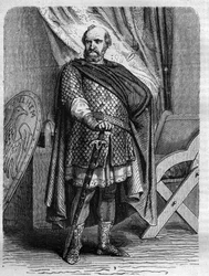 Porträt von König Etienne (Stephen) dit de Blois (1096-1154), letzter normannischer König von England. Gravur in „Geschichte der Päpste (...) Verbrechen der Königin, Könige und Kaiser durch die Jahrhunderte“ von Maurice Lachatre