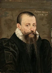 Porträt von Michel Eyquem de Montaigne (1533-1592), im Alter von 57 Jahren, kleines Halbfigurenbildnis, in schwarzer Kleidung und mit weißem Kragen