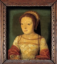 Porträt von Renée von Frankreich, Tochter von Ludwig XII., Herzogin von Ferrara (1510 - 1575). Öl auf Holz, anonymes Gemälde. Französische Schule des 16. Jahrhunderts