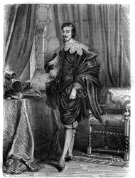Porträt von Thomas Wentworth (1593-1641), Earl of Strafford, englischer Staatsmann, Ritter des Hosenbandordens und wichtige Figur in den Ereignissen, die zur ersten englischen Revolution führten. Gravur in „Geschichte der Päpste (...) Verbrechen der Königi