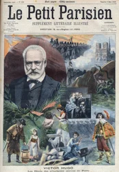 Porträt des französischen Schriftstellers Victor Hugo (1802-1885) mit Illustrationen seiner Hauptwerke. Gravur in "Le Petit Parisien"