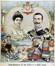 Medaillonporträts von Viktor Emanuel III. und Elena von Montenegro, den Herrschern Italiens, Titelblatt von „Le Petit Journal“ vom 5/7/1903