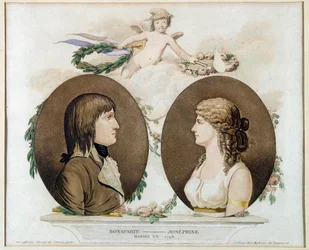 Porträts von Napoleon Bonaparte (1769-1821) und Joséphine de Beauharnais (1763-1814), verheiratet 1796. Anonyme Aquarell um 1800. Malmaison, Schlossmuseum
