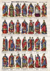 Porträts der Könige und Königinnen Frankreichs aus den Dynastien der Merowinger und Karolinger. Épinal-Bilderbogen vom Ende des 19. Jahrhunderts. Privatsammlung.