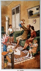 Post- und Telekommunikationskalender, der eine Familienszene darstellt, 20. Jahrhundert