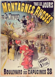 Plakat, das die Montagnes Russes Achterbahn im Boulevard des Capucines, Paris, 1888 bewirbt