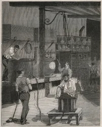 Töpferei, Manufacture de Sèvres: Vakuum- und Druckgusswerkstatt. Gravur von 1885 in 