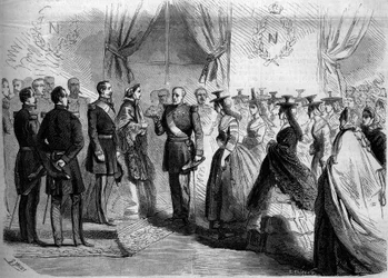 Präsentation an Napoleon III (1808-1873) und Kaiserin Eugenie (1826-1920) von zwölf Maconnaises in Landestracht. Mâcon, Saône-et-Loire (71)