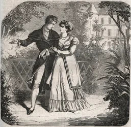 Prinzessin von Wales Carolina von Braunschweig (1768-1821) spaziert mit ihrem Liebhaber Bartolomeo Bergami. Gravur von 1871 in „Histoire Des Cocus Célèbres“ von Henry de Kock (1819-1892).