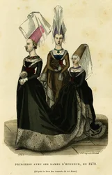 Prinzessin mit ihren Ehrendamen, um 1470. Farbstich nach dem Buch der Turniere des Königs René, in „Frankreich und die Franzosen durch die Jahrhunderte“ von Augustin Challamel, F. Roy Herausgeber, Paris 1882. Selva Sammlung.