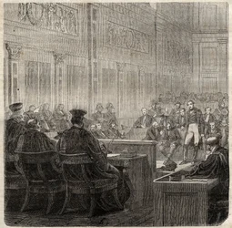 Prozess vor dem Königlichen Gerichtshof von Poitiers gegen General Jean Baptiste Breton (Jean-Baptiste) genannt Berton (1769-1822) im Jahr 1822