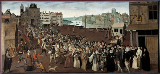 Prozession der Liga auf dem Place de Greve, die den Arkaden von Saint Jean in Paris verlässt