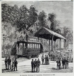 Fortschritte im Transport: die elektrische Straßenbahn, ausgestellt auf der Elektrizitätsausstellung 1881. Gravur des 19. Jahrhunderts