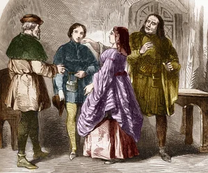 Prostitutionsszene in Paris am Ende des Mittelalters, Gravur in „Die Geschichte der Prostitution und Ausschweifung“ von Dr. Th. -F. Debray, 1879