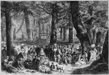 Protestantischer Brauch: das „zendingsfeest“ oder Missionsfest in Holland. Pilger essen während der Rede des Predigers. Gravur in „Le Monde Illustré“ Nr. 853 vom 16. August 1873.