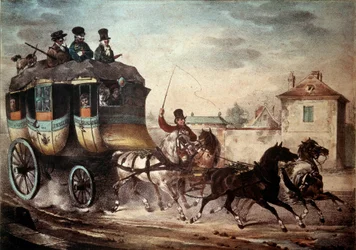 Öffentlicher Verkehr: Postkutsche der Linie zwischen Paris und Meaux. Illustration von Villain im Jahr 1824. Compiègne, Schlossmuseum