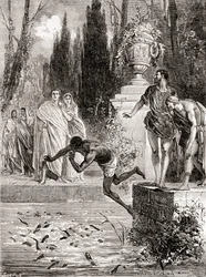Publius Vedius Pollio, römischer Ritter, füttert einen Sklaven seinen Muränen, aus Les Merveilles de la Science, veröffentlicht ca. 1870