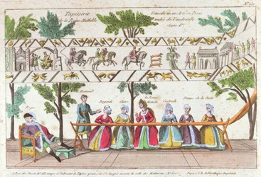 Königin Mathilda und ihre Dienerinnen weben den Teppich von Bayeux, Szene aus einer Vaudeville-Aufführung