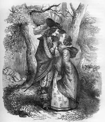 Königin Sophie Dorothee von Zelle (1666-1726), Ehefrau von Georg I. von England, und der junge Philip Christophe von Koenigsmark in einem Moment der Intimität. Gravur in „Die Geschichte der Prostitution und Ausschweifung bei allen Völkern der Welt von der 