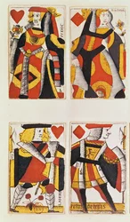 Königin und Bube spielen Karten (farbiger Holzstich)