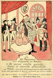Erinnerung 1914 für den Michelin-Reifen. La Vie Parisienne überarbeitet und ergänzt von Bibendum: „Ich werde Ihr Führer in der prächtigen Welt sein, denn Michelin, mein Vater, bietet Ihnen die schönste Autotourismusorganisation der Welt“. An der Wand ein R