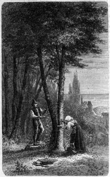 Sammlung von Manna auf rundblättrigen Eschen. Gravur in „Le journal de la jeunesse“