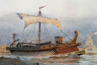 Rekonstruktion eines römischen Schiffes, das das Arsenal verlässt, Aquarell, Frankreich