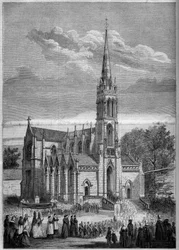 Religiöse Architektur: Gesamtansicht der Kirche von Monfort le Retrou (heute Montfort le Gesnois in der Sarthe (72), am Tag ihrer Einweihung 1858. Nach einer Skizze von Herrn Moulin. Gravur in „Le Monde Illustré“ Nr. 77 vom 2. Oktober 1858.