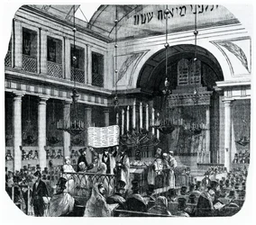 Religiöse Zeremonie in der alten Pariser Synagoge für Rosch Haschana, Illustration aus Le Tableau de Paris von Edmond Texier, veröffentlicht in Paris, 1852