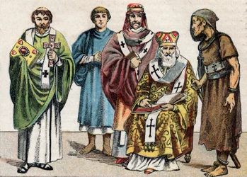 Religiöse Kostüme in der Antike: von links nach rechts Porträt eines byzantinischen Diakons, eines christlichen Priesters des ersten Jahrhunderts, eines Bischofs im 5. Jahrhundert, eines byzantinischen Patriarchen und eines Anachoreten