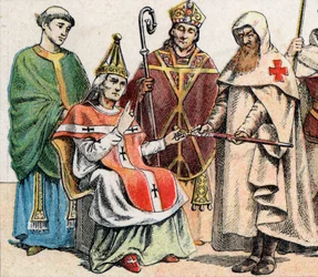 Religiöse Gewänder im Mittelalter: von links nach rechts ein Priester des 10. Jahrhunderts, ein Papst des 11. Jahrhunderts, ein Bischof mit Mitra und Krummstab des 12. Jahrhunderts und ein Mitglied des Hospitaliterordens (Orden des Heiligen Johannes von