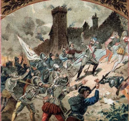 Religionskriege: Die Hugenotten erobern 1567 das Schloss von Dampierre. Chromolithografie des späten 19. Jahrhunderts