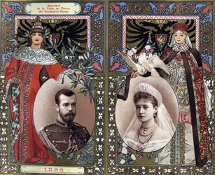 Erinnerung an den Besuch der russischen Herrscher Nikolaus II. (1868-1918) und Zarin Alexandra (Alice von Hessen) Feodorovna in Frankreich im Jahr 1896. Chromolithographie Ende des 19. Jahrhunderts.