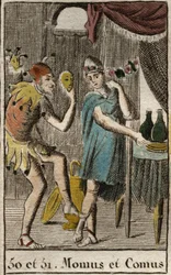 Darstellung von Komus, Gott der Gourmets und der Küche, er leitet Feste, dargestellt lehnt er sich an einen Pfahl mit einer Fackel und Momos, Personifikation des Spottes und Sarkasmus, dargestellt als Hofnarr. Aus 