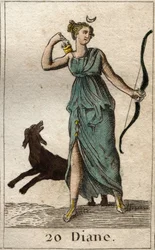 Darstellung von Diana, Göttin der Jagd, sie hält einen Bogen und Pfeile. Aus „Mythologie der Jugend“ von Pierre Blanchard 1803.