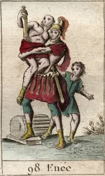 Darstellung von Äneas während der Flucht aus dem von den Griechen eingenommenen Troja, seinen Vater Anchises auf den Schultern tragend, gefolgt von seinem Sohn Ascanius als Kind.