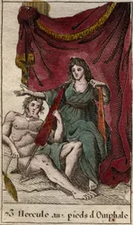 Darstellung von Herkules, Liebhaber von Omphale, liegt zu ihren Füßen und hält eine Spindel. Aus „Mythologie der Jugend“ von Pierre Blanchard 1803.