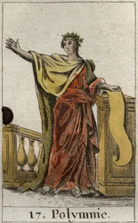 Darstellung von Polyhymnia, Muse des heiligen Gesangs und der Beredsamkeit. Aus „Mythologie de la jeunesse“ von Pierre Blanchard 1803.