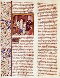 Darstellung von Saint Bernard von Clairvaux (San Bernardo di Chiaravalle) (1090-1153) als Kind. Er ist in der Mitte des Bildes, ein Heiligenschein über seinem Kopf. Miniatur in „Le miroir historial“ (Speculum Historiale) (ms. 1196, fol. 372) von Vincent de