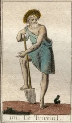 Darstellung der Arbeit, als Mann mit Werkzeugen. Aus „Mythologie der Jugend“ von Pierre Blanchard 1803.