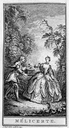 Darstellung einer Szene aus dem Stück „Melicerte“ (1666) von Jean Baptiste Poquelin genannt Moliere (1622-1673). Gravur von 1739.