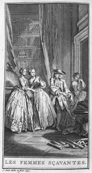 Darstellung einer Szene aus dem Stück "Les femmes savantes" (1672) von Jean Baptiste Poquelin dit Moliere (1622-1673). Gravur von 1740.