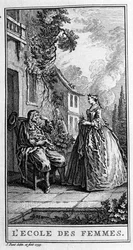 Darstellung einer Szene aus dem Stück "Die Schule der Frauen" (1662) von Jean Baptiste Poquelin dit Moliere (1622-1673). Gravur von 1739.