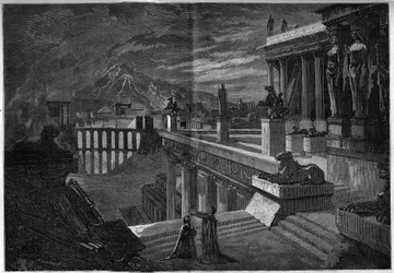 Darstellung einer Oper: „Herculanum“ auf einem Libretto von Joseph Méry (1798-1866) und T. Hadot und Musik von Félicien David (1808-1876). Die Stadt Herculanum zur Zeit ihrer Zerstörung während des Ausbruchs des Vesuvs (letzte Szene des 5. Akts).