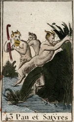 Darstellung des ländlichen Gottes Pan und Satyrn. Er hat behaarte Schenkel, Ziegenfüße und spielt Flöte (Syrinx). Aus „Mythologie der Jugend“ von Pierre Blanchard 1803