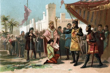 Darstellung der Adelsbriefe, die von König Philipp III. dem Kühnen (1270-1285) eingeführt wurden. Chromolithographie um 1890