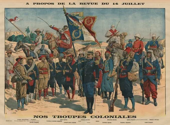 Parade am 14. Juli, unsere Kolonialtruppen, Illustration aus „Le Petit Journal“, illustrierte Beilage, 13. Juli 1913